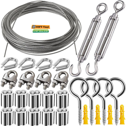 1/16 Wire Rope Kit,Vinyl Coated Aircraft Cable,7x7 Strand Core with Turnbuckles,Crimping Loop Sleeve,Cable Clip Clamp for String Light Hanging,Garden Wire,Clotheslines
