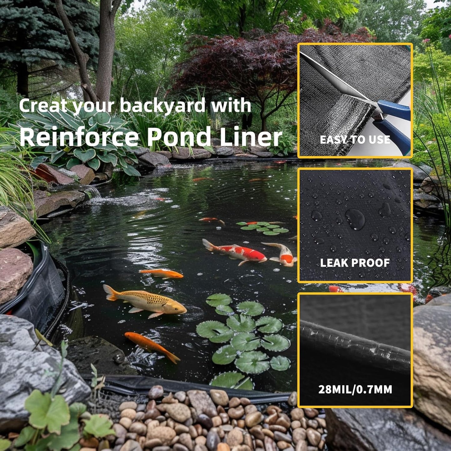 TEZONG Pond Liner,15x15Ft Pond Liners for Outdoor,28Mil PE Black Koi Fish Pond Liners,Reinforced Pond Underlayment for Water Garden,Waterfall,Fountain