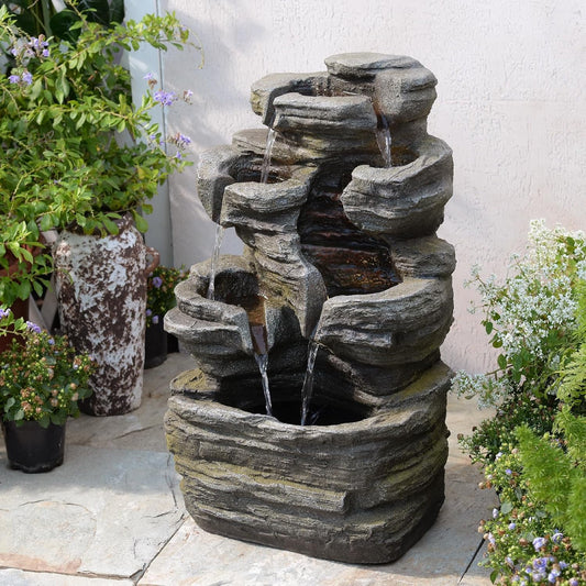 24.2" H Rock Cascading Water Fountain Outdoor&Indoor, 6-Tier Garden Naturefalls Fountains, Floor-Standing Waterfall with Lights for Patio, Backyard, Deck, Porch, Home DéCor, Stone Gray