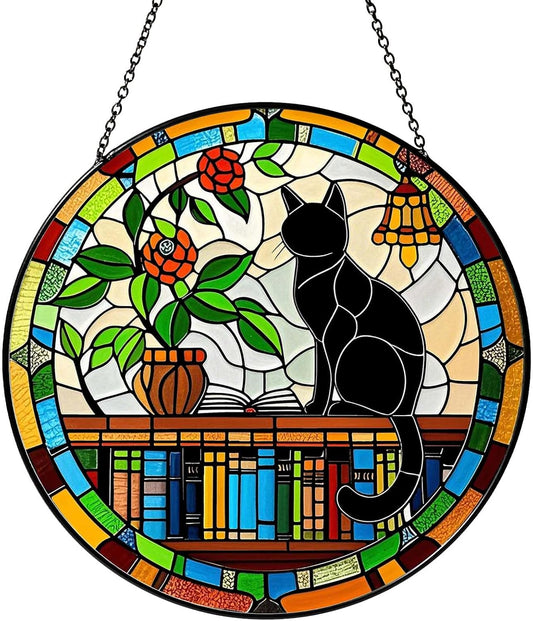 Cat Sun Catcher Stained Glass Window Hanging Book Lover Gifts for Women Book Wall Decor Handmade Sun Catcher Black Cat Sitting On Bookshelf Decoration for Home Room Housewarming Gifts
