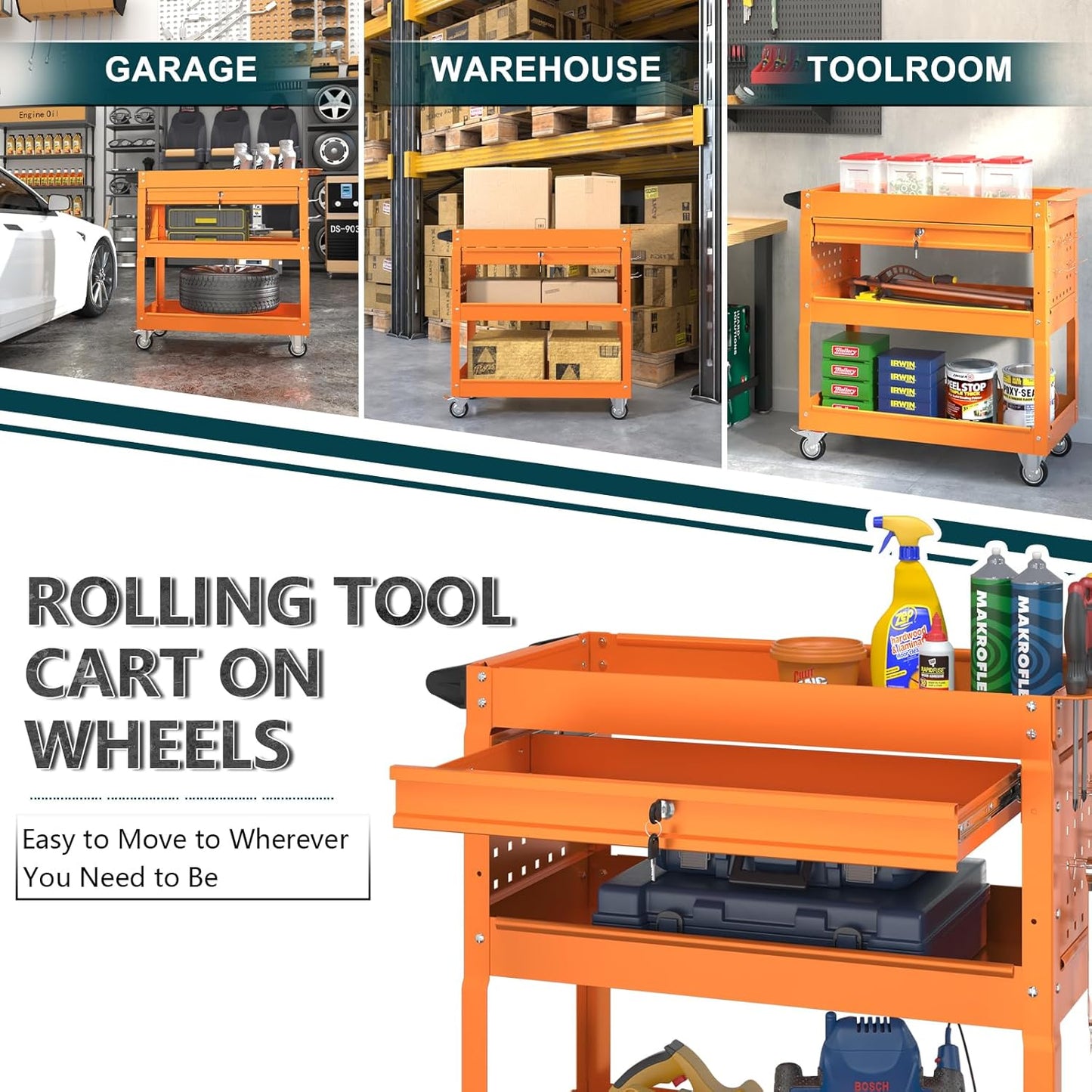 3 Tier Rolling Tool Cart on Wheels with Locking Drawer - Metal Service Cart Industrial Utility Cart for Mechanic - 350 LBS Mobile Storage Organizer for Garage, (Orange)