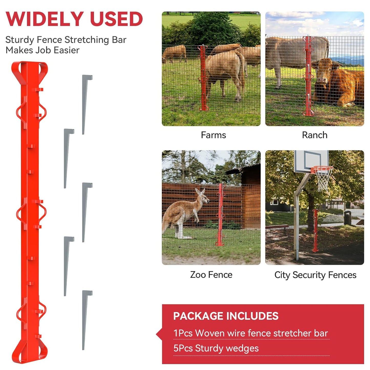 4ft Woven Wire Fence Stretcher Bar with 5 Wedges Heavy Duty Wire Stretcher Fence Tool for Farms, Ranches, Garden Barriers, Yard (Red)