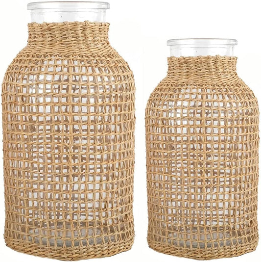 DOITOOL Glass Flower Vase With Rattan Cover, Round Decorative Woven Seagrass Farmhouse Floral Container for Arrangement Table Centerpiece Decor (Size S+L)