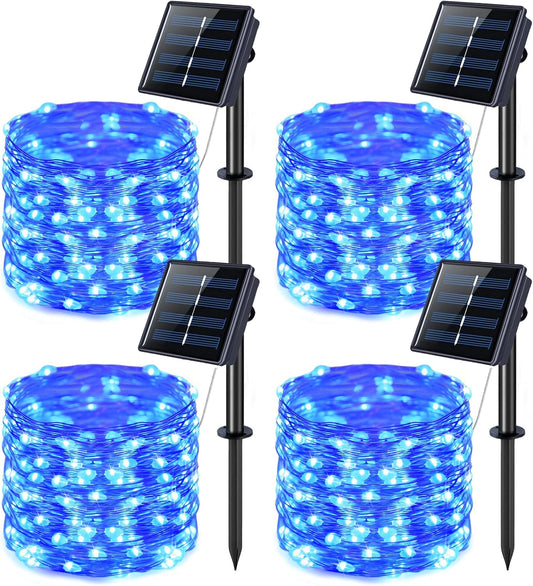 JMEXSUSS 4 Pack 100 LED Solar Fairy Lights, 33ft Blue Solar String Lights Outdoor Waterproof, 8 Modes Copper Wire Solar Twinkle Lights for Patio Garden Yard Tree Christmas Halloween Decor