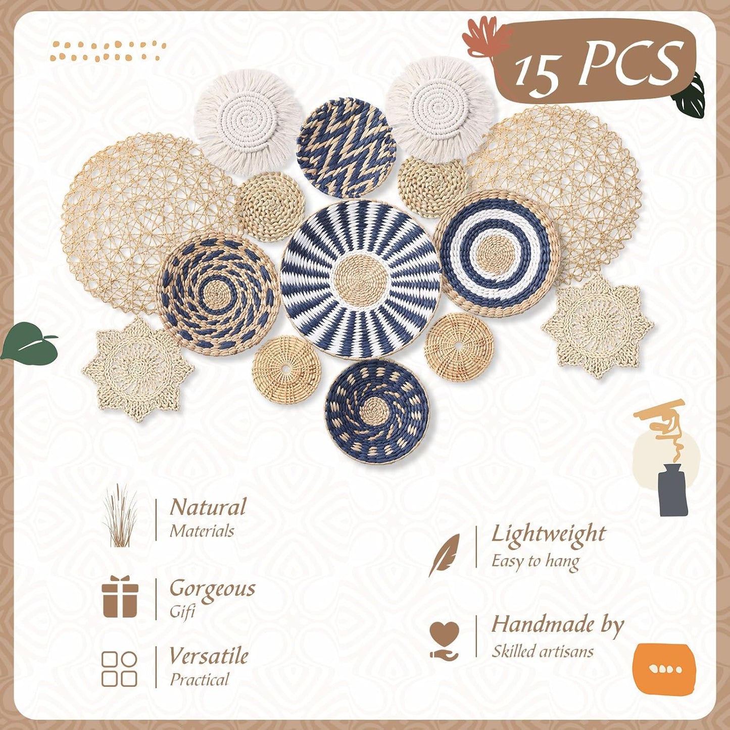 15 Pcs Boho Wall Basket Decor Woven Rattan Seagrass Wall Decor Hanging Rustic Farmhouse Western Art Decoration for Nursery Living Room Bedroom Home Kitchen(Blue Style)