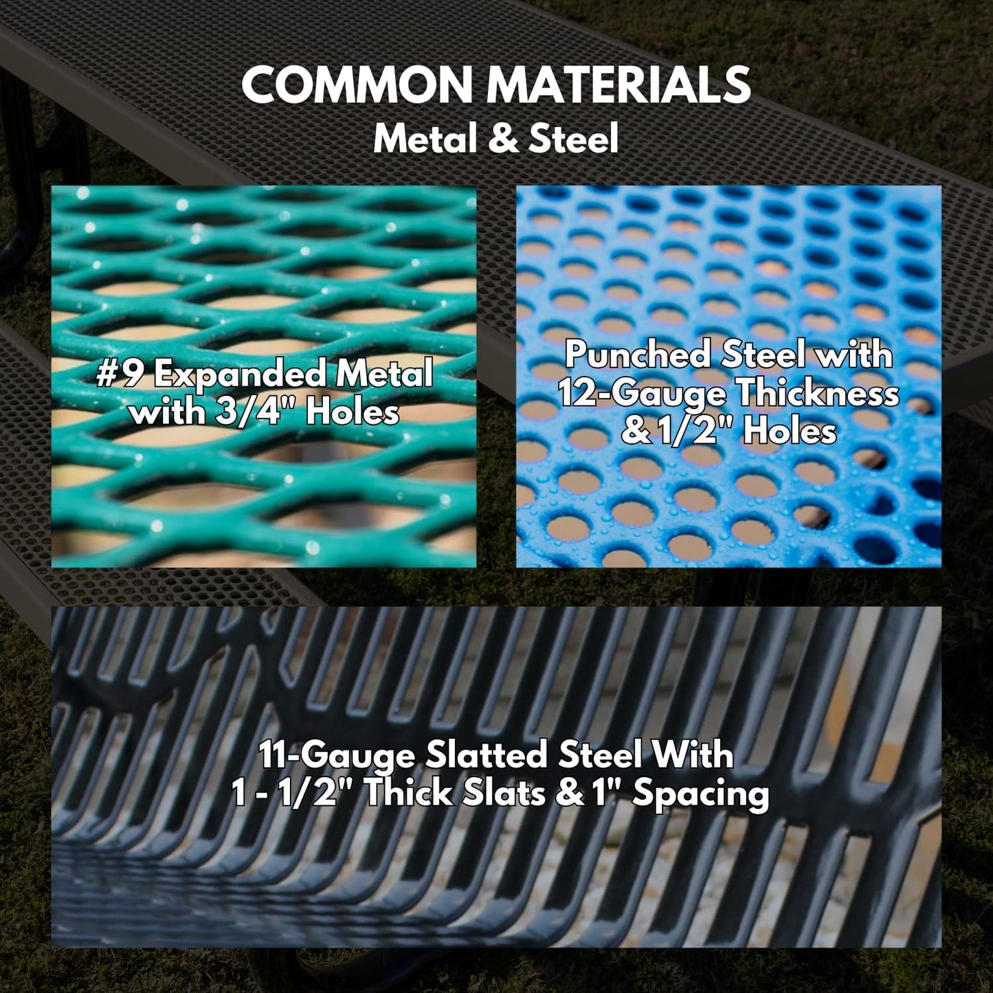 Heavy-Duty Outdoor Bench Thermoplastic Coated, Punched Steel, Commercial-Grade Garden Bench, Made in America (Portable with Back, 4 Ft, Textured Copper)