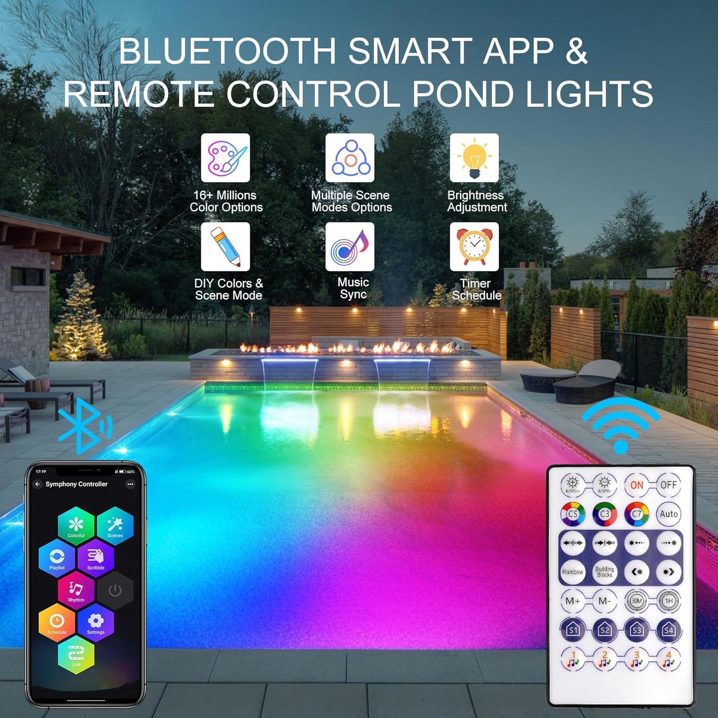 RGB Underwater Pond Lights, Super Bright 18 LED Submersible Fountain Lights Color Changing Spotlights, Bluetooth APP Control IP68 Waterproof for Fish Aquarium Tank Garden Yard Pool(Set of 2)