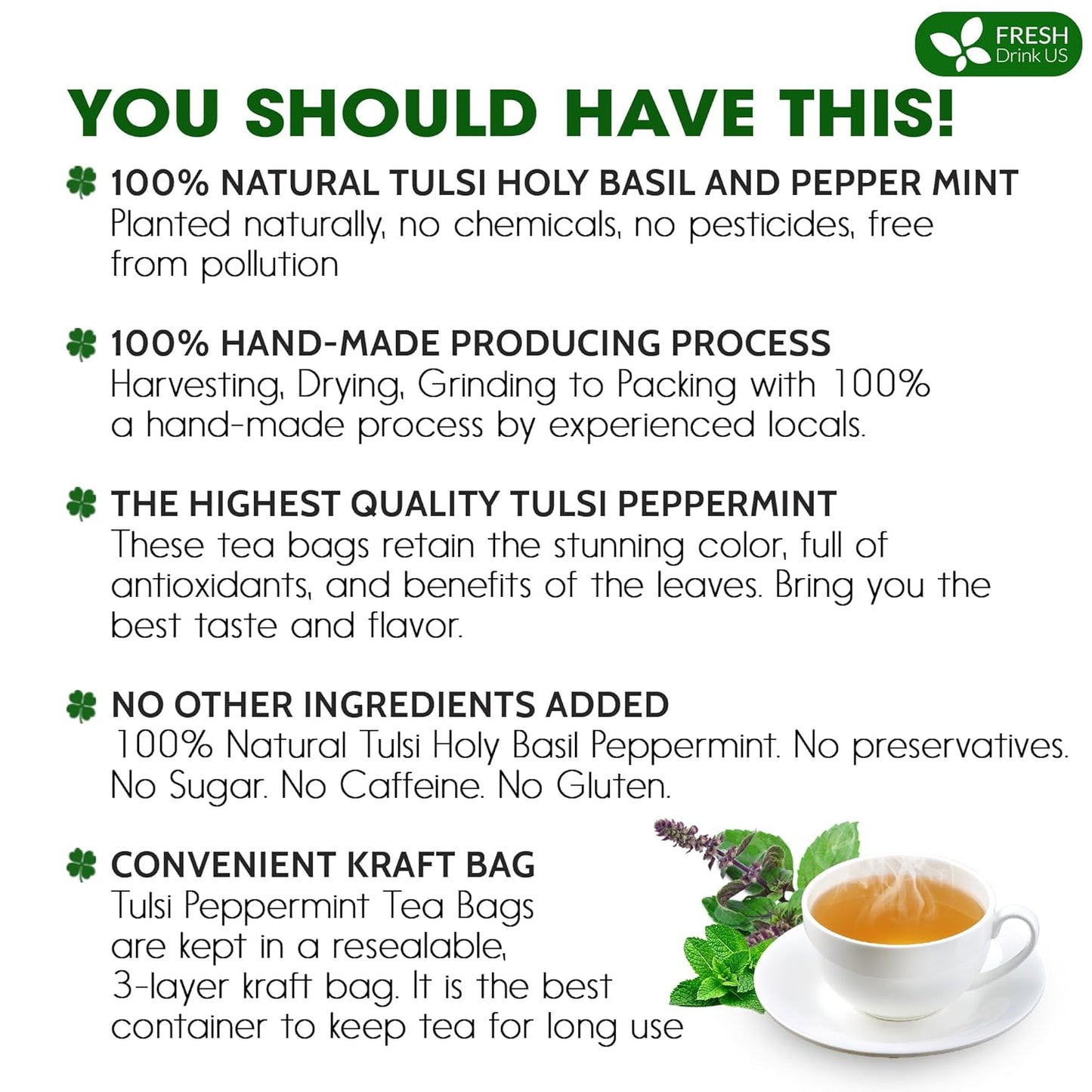 FreshDrinkUS, Premium Tulsi Peppermint Herbal Tea – 135 Tea Bags, 100% Natural, Blend of Tulsi Holy Basil Leaves, and Peppermint Leaves. Made with Natural Material Tea Bags. No Sugar, Vegan.