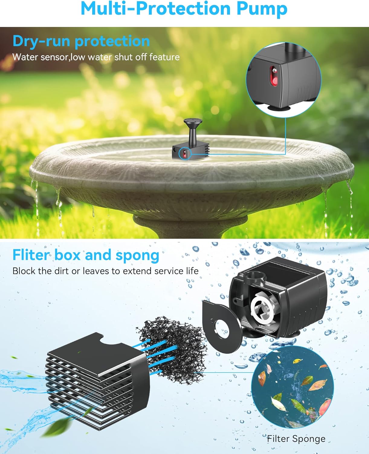 POPOSOAP Modern Black Solar Bird Bath Fountain Pump, 6W, 60GPH, 5 Nozzles, 9.84ft Cable, 4ft Tubing