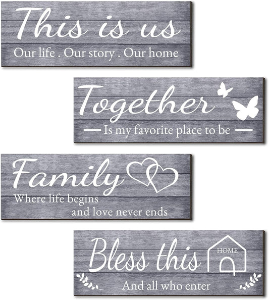 Joyhawk 4 Pieces Wall Decor Signs, THIS IS US, TOGETHER, BLESS THIS HOME, FAMILY Rustic Wooden Farmhouse Wall Art Décor For Living Room Bedroom Kitchen, , 4.7 x 13.8 Inch(Grey)