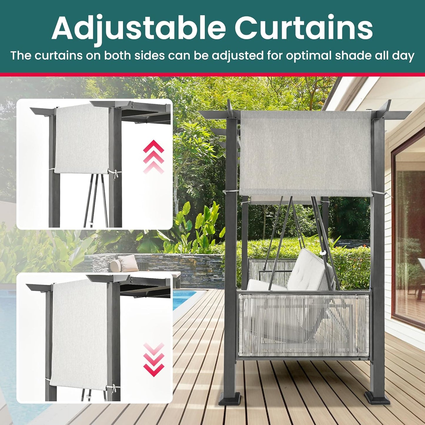 Pamapic 2-in-1 Convertible Porch Swing Bed, 3-Seat Elegant Patio Swing with Wicker Armrests, Outdoor Chair with Adjustable Canopy for Balcony, Garden, and Poolside, Gray