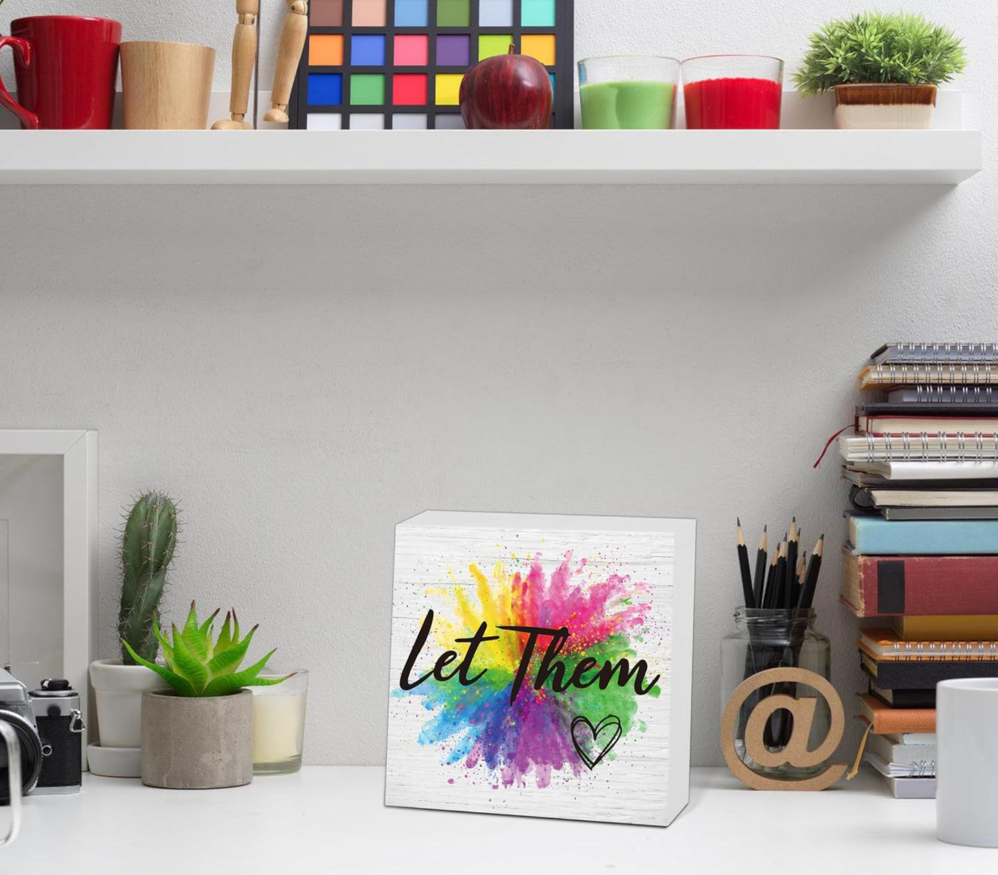 Let Them Wooden Sign, Desk Decorations For Women Office, 5x5 Inch Colorful Splash Funny Office Decor Wood Box Sign, Desk Shelf Cubicle Accessories, Appreciation Gifts for Coworkers Boss, 03