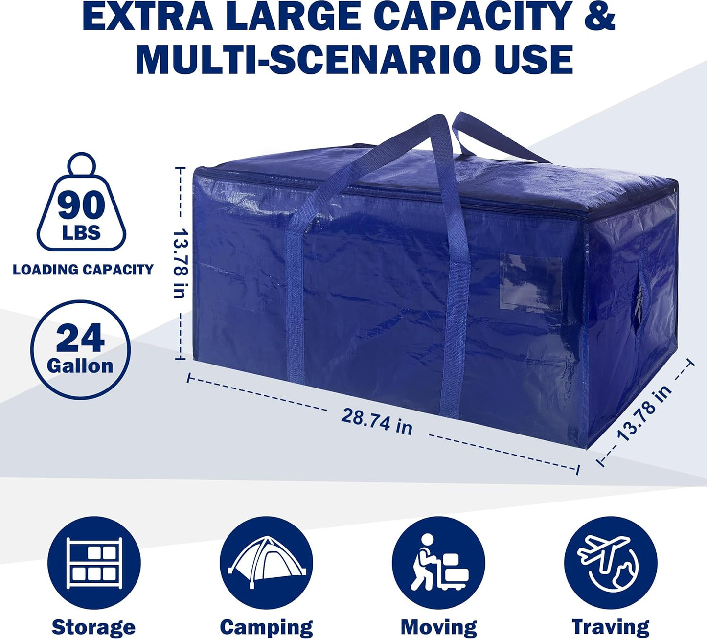 16 Pack Extra Heavy Duty Large Moving Bags with Strong Zipper & Carrying Handles, Sturdy Clothes Storage Bag Totes Bins, Packing Bags Moving Boxes College Moving Supplies, Dark Blue - 24 gal
