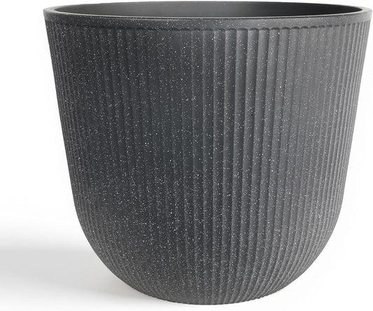 WORTH Garden Round Large Planter Pot 1-Pack - 17.5" Dia x 15.5" H - Durable Plastic Grey Plant Tree Pots with Vertical Stripe Textured Finish, Drainage Hole for Indoor, Outdoor, Front Porch, Patio