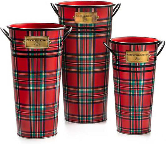 MACKENZIE-CHILDS Galvanized Flower Buckets, Decorative Metal Buckets, Tartastic, Set of 3