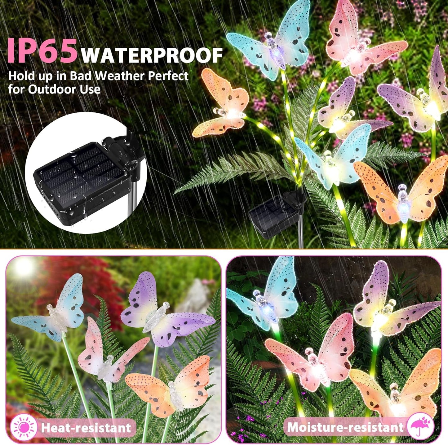 Solar Garden Lights 4 Pack Waterproof Decorative Solar Lights Outdoor with Glowing Stems,7-Color Changing ‎Fiber Optic Butterfly Light for Outside Yard Lawn Garden Decor, Gifts for Women
