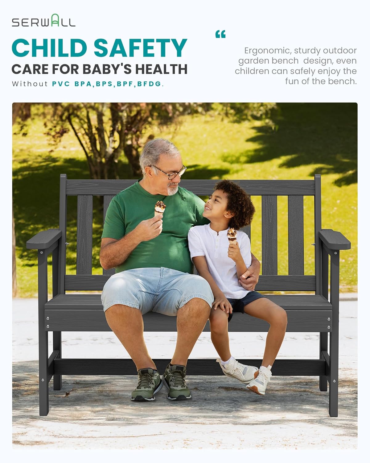 SERWALL Outdoor Bench, HDPE Outdoor Benches Weatherproof, 2-Person Garden Bench with 660 lbs Weight Capacity, Patio Benches for Outdoors, Garden, Porch, Backyard and Park, Grey, 4 Pack