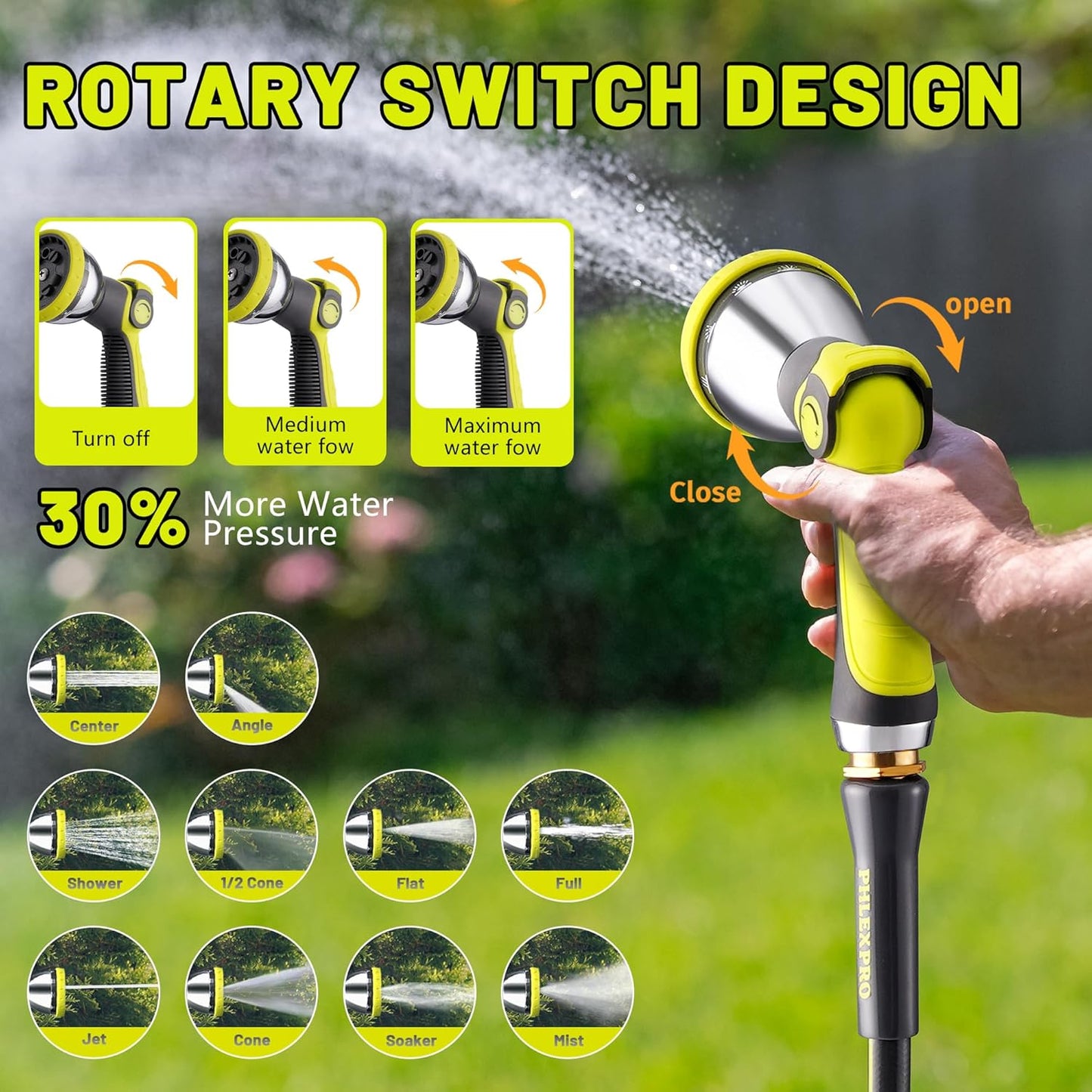 Retractable Garden Hose Reel 160Ft Extra Long, PHLEX PRO Heavy Duty Automatic Water Hose Reel Wall Mounted with 10 Pattern Nozzle, Any Length Lock, Slow Return System, 180°Swivel Bracket