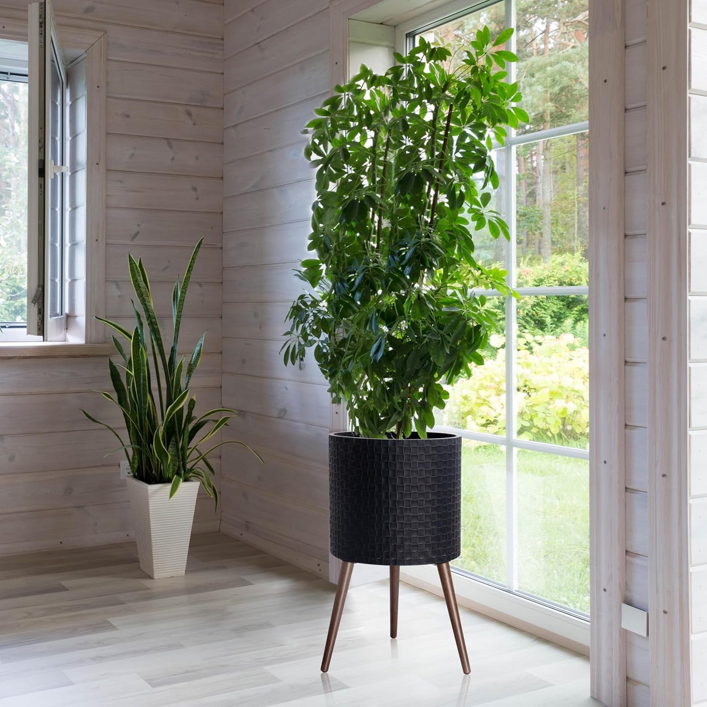 D'vine Dev 16 Inch Modern Geometric Tile Patterned Sleek Planter Pot with Stand, Indoor Outdoor Decorative Plant Holder, Distressed Black, 88-Z-E-5