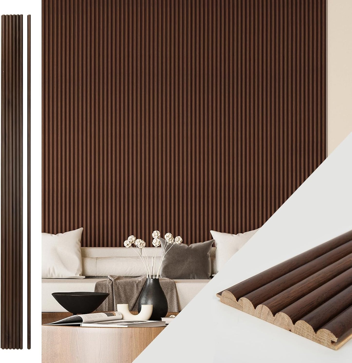 Art3d Fluted Wood Panel for Wall and Ceiling, Beaded Accent molding for Home Decoration, Pack of 4pcs + 1pc End-Trim, Size 108 x 5.7in.- Beaded Walnut