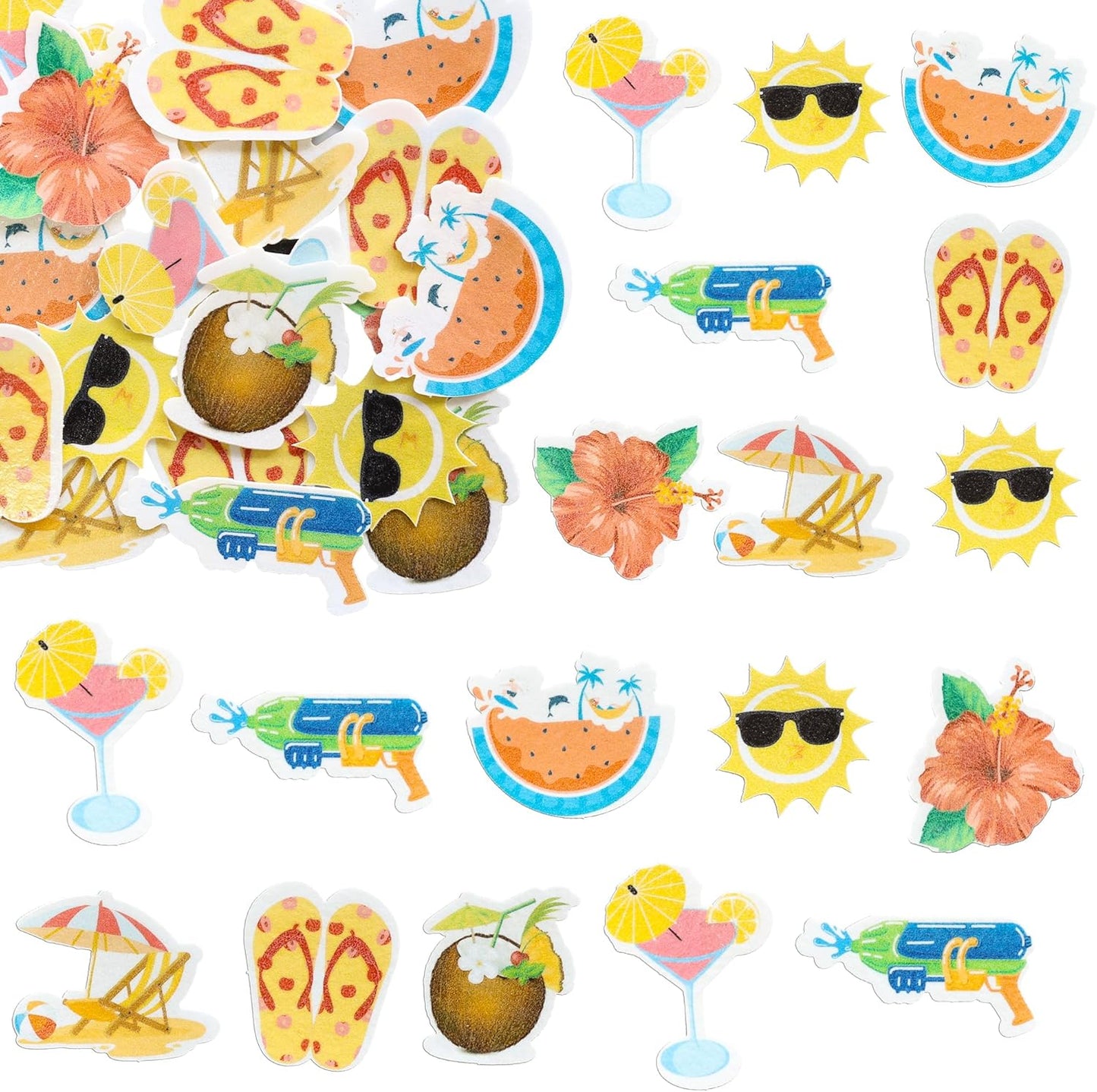 Ephlyn 54Pcs Edible Summer Beach Pool Cupcake Toppers Sun Flower Watermelon Water Gun Coconut Slippers Cupcake Picks Hawaii Theme Birthday Party Cake Decorations Supplies Red Yellow