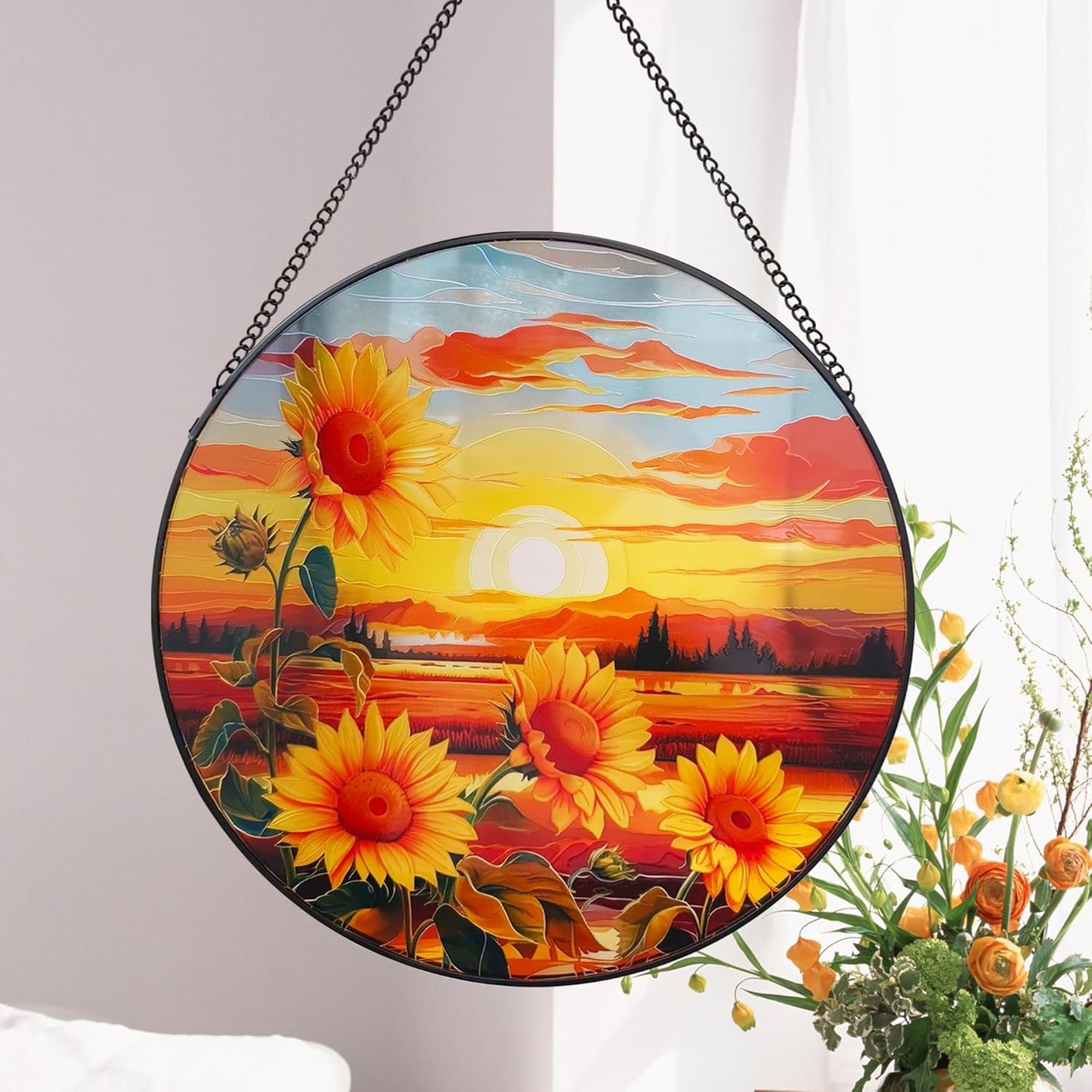Sunflower Suncatcher Hanging Stained Glass Window Decor, Sunset Sun Catcher Wall Decor for Flower Lovers, Birthday Christmas Thanksgiving Sunflower Gift (25cm/9.8'')