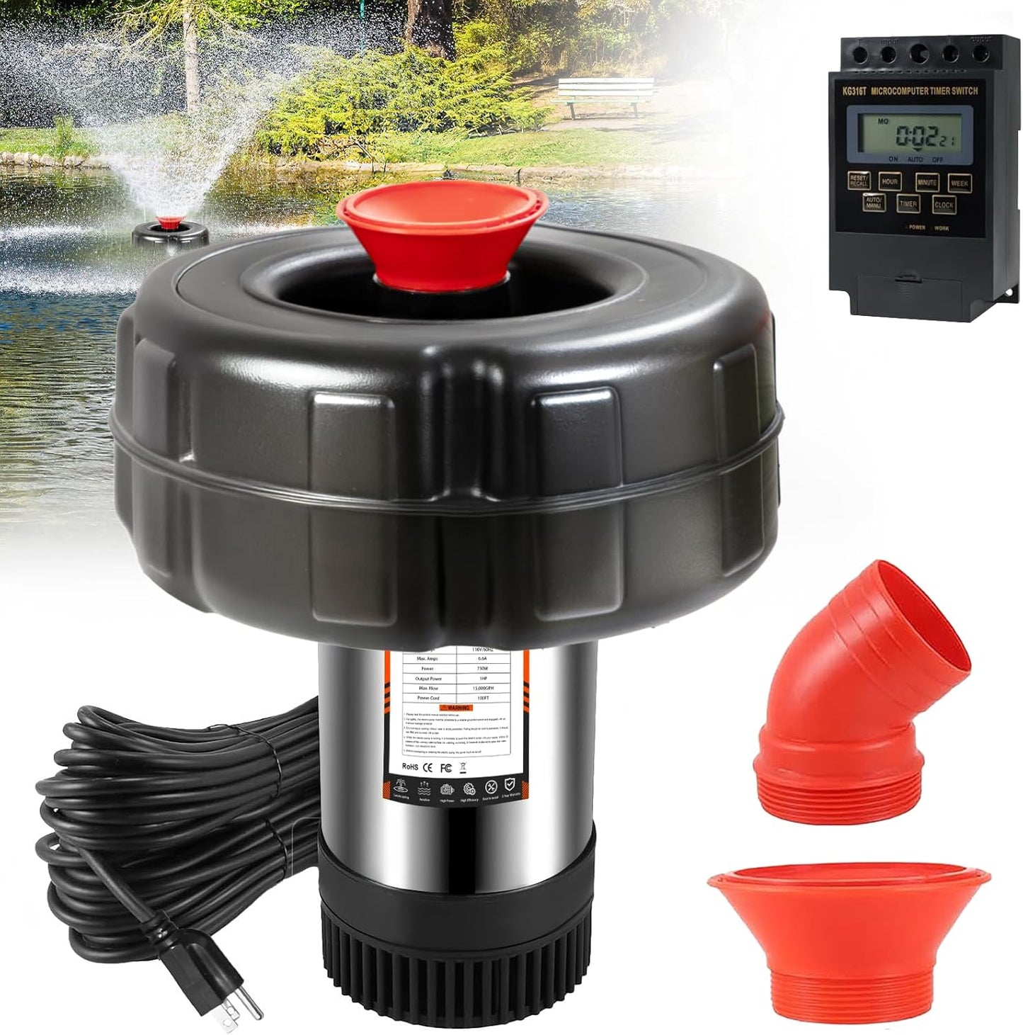 Pond Fountain Aerator, 1HP 15000 GPH Floating Fountain Pump with Timer & 100FT Cord, Stainless Steel Pond Jet System for Large Outdoor Ponds & Lakes