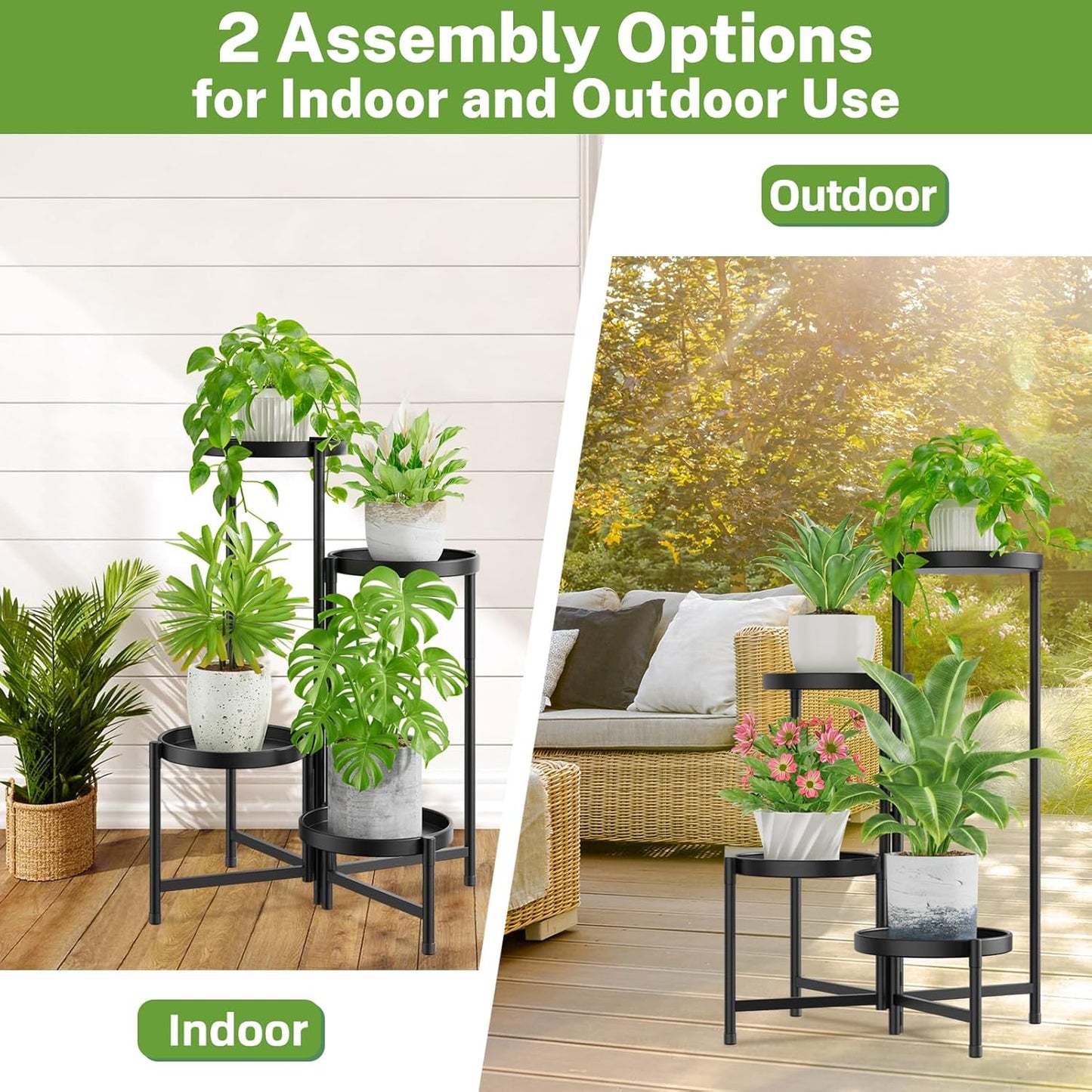 iDavosic.ly 4 Tier Large Plant Stand Indoor with 10 Inch Wide Tray, Tiered Corner Metal Outdoor Flower Display Holder Shelf, Folding Tall Rack for Patio Porch Living Room, Modern Black