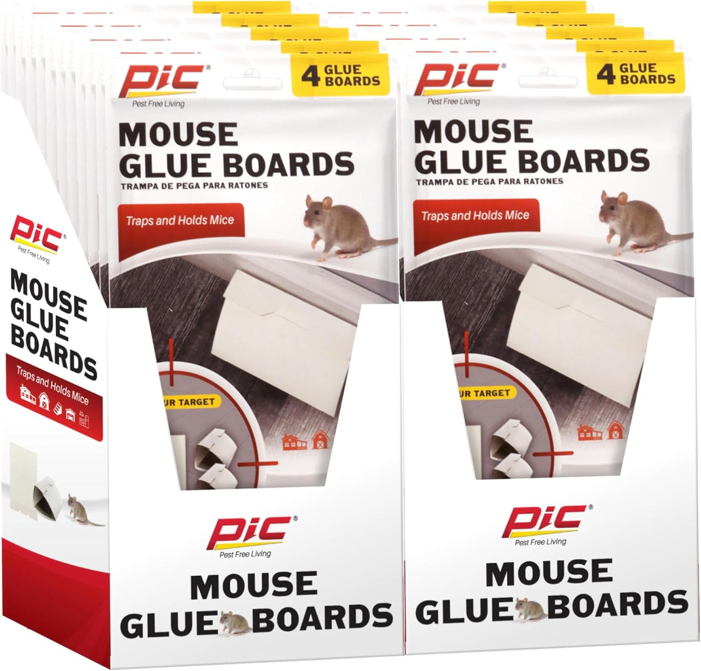PIC Mouse Glue Boards, Baited Glue Trap with Sticky Adhesive, Sticky Mouse Traps for Indoors, Trampas para Ratones Pest Control Trap, Easy to Set, Non-Toxic, Disposable, 12 Pack (48 Traps Total)