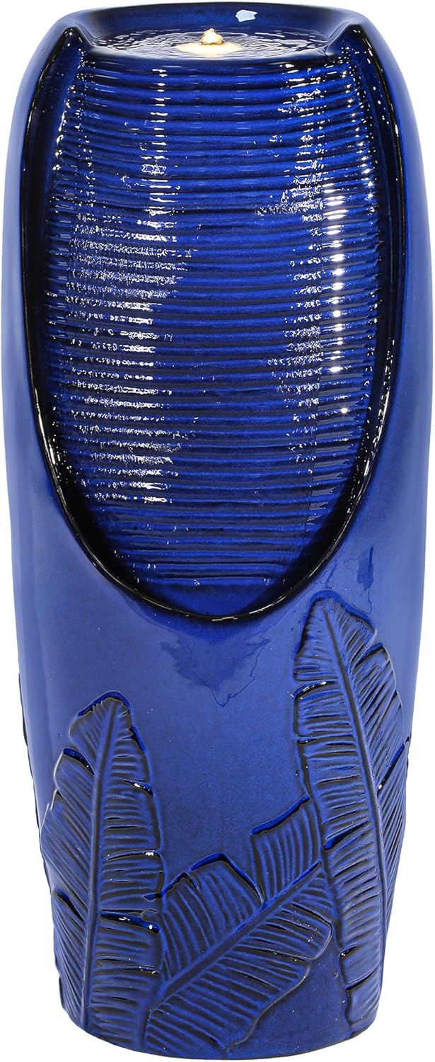 33" Tall Outdoor Garden Fountain with LED Lights, Modern Ceramic Jar Water Fountain, 3D Tropical Leaf Pattern, Cobalt Blue Glaze, Soothing Cascading Waterfall for Relaxing Patio, Yard, Porch
