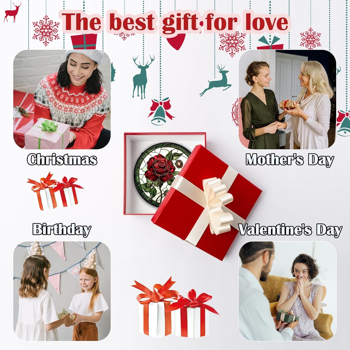 Stained Glass Window Hanging, Red Rose Gemstone Green Sun Catchers Diamond Glass Panel Hangings Suncatcher Decor for Birthday for Women, Men, Wife, Aunt, and Mom 6.3 in