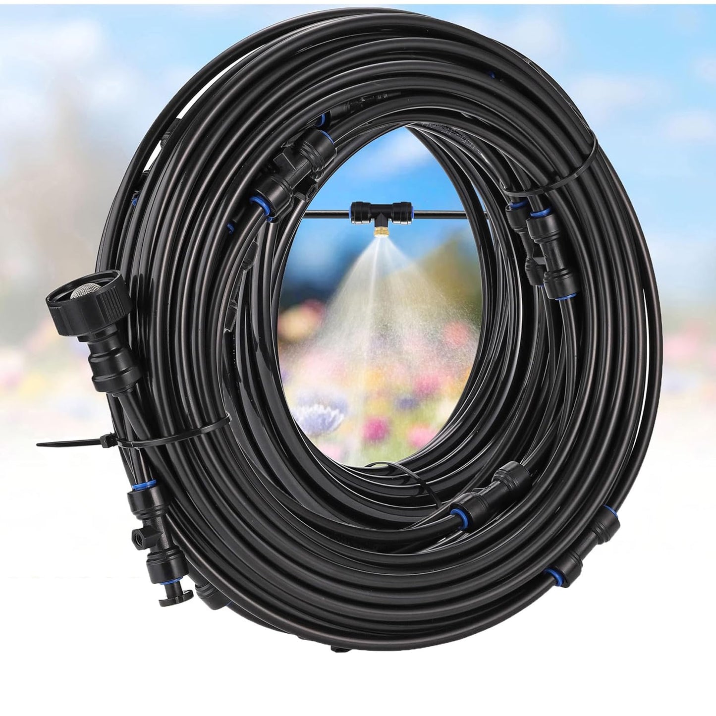 Mornajina Automatic Drip Irrigation Kits Garden Irrigation System, Includes 66FT 1/4 inch Irrigation Tubing Hose & 26Pcs Mist Nozzles Tee & 26Pcs Brass Misting Nozzles for Garden Watering System