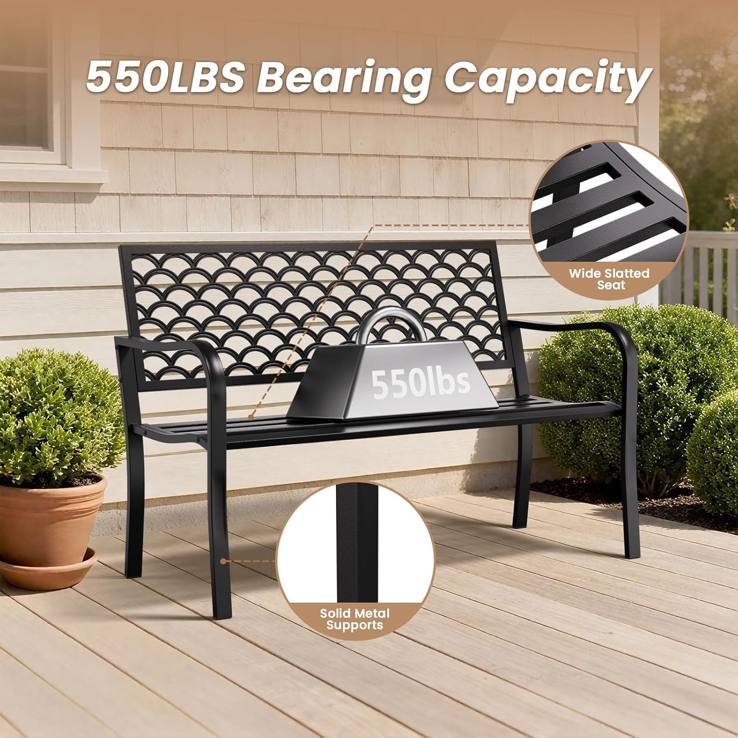 50'' Outdoor Garden Bench, Weatherproof Wrought Iron Metal Patio Bench with Mesh Pattern Backrest, for Front Porch, Park, Yard, Gardens