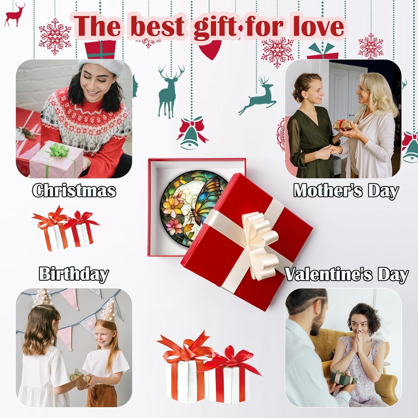 Stained Glass Window Hanging, Butterfly Flower Sun Catchers Diamond Glass Panel Hangings Insect Suncatcher Decor for Birthday for Women, Men, Wife, Aunt, and Mom 7.8 in