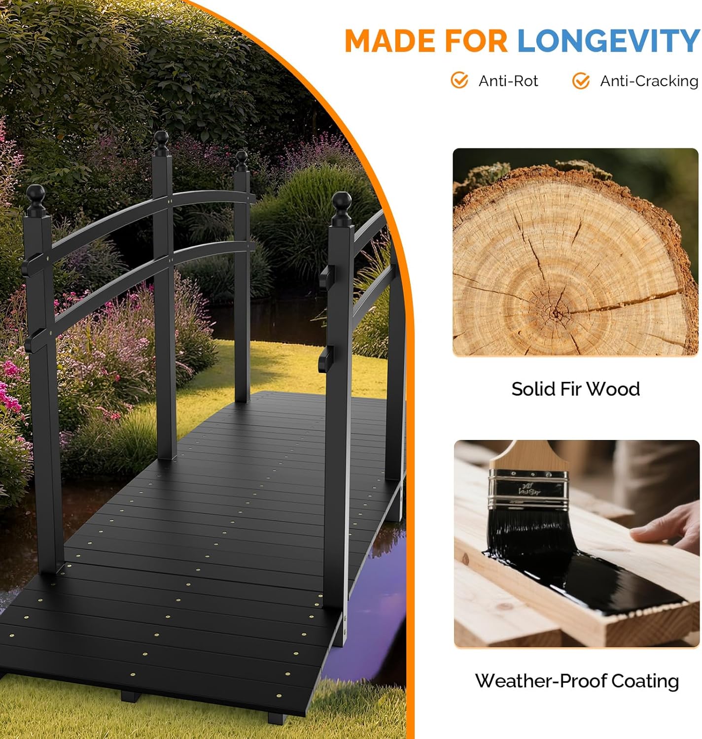 VINGLI Garden Bridge, Classic Wooden Arch with Safety Rails Footbridge (Black, 7.5 ft)