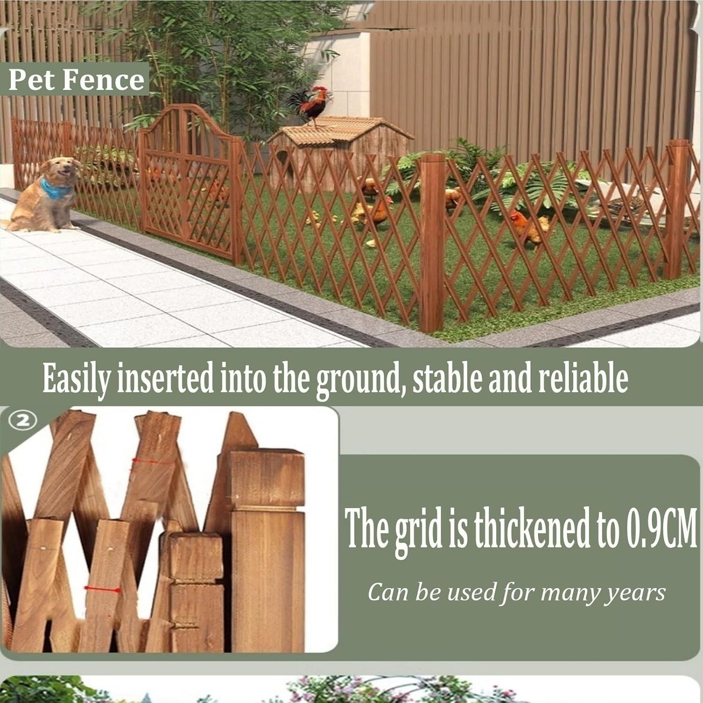 Expandable Wooden Garden Fence Panel - Retractable Trellis for Climbing Plants, Freestanding Pet Screen, No-Dig Vertical Rack, Brown (47.24"x13.77")