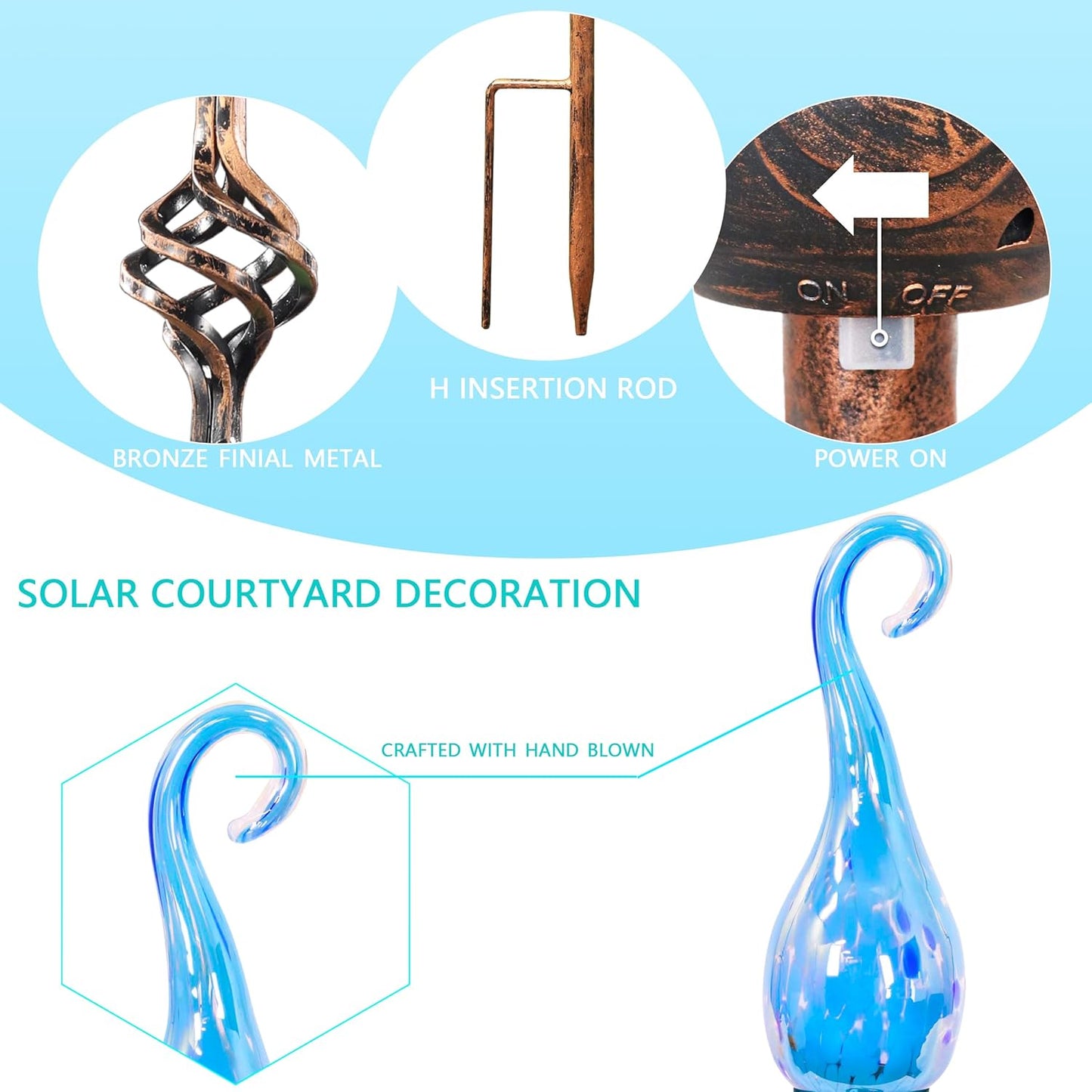 Garden Solar Lights Outdoor, Decorative LED Pearlized Glass Spiral Garden Stake with Finial, Hand Blown Glass and Metal Outdoor Decoration, 3 x 36 Inch (Light Blue)