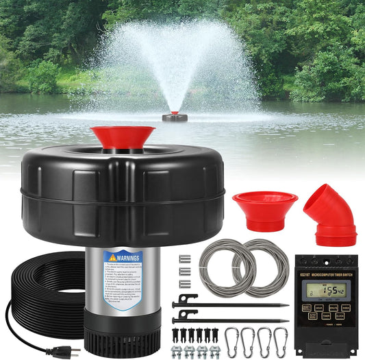 Floating Pond Fountain Aerator, 15AWG 100FT Power Cord, 1HP 15000 GPH Stainless Steel Large Pump Lake Water Fountains with Timer - 110V 750W