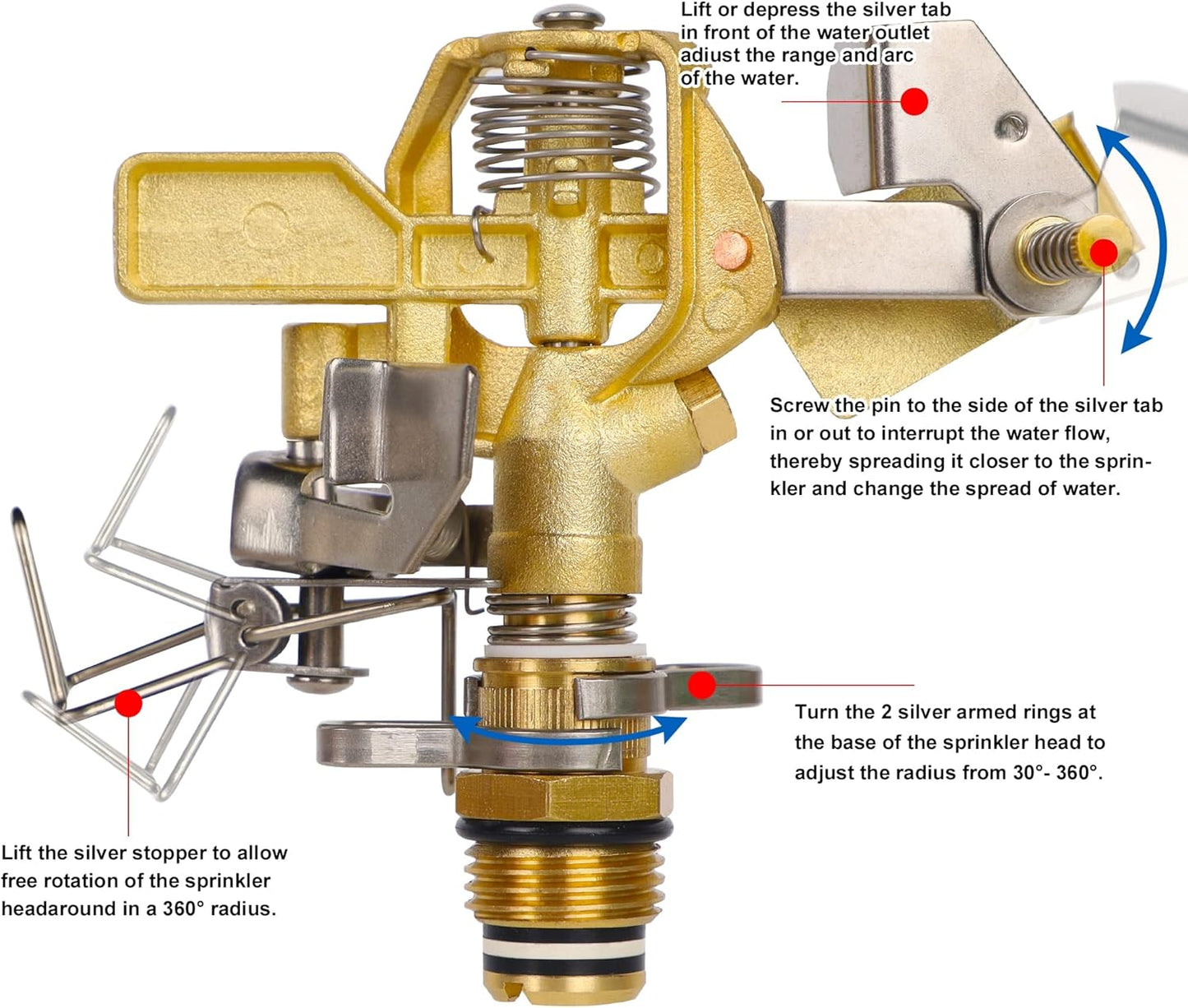 Biswing 1/2 Inch Brass Impact Sprinkler 2 Pack, Heavy Duty Lawn Sprinkler Head with Nozzles, Adjustable 20-360 Degree Large Coverage Pattern, Watering Sprinkler for Grass Patio Garden Irrigation