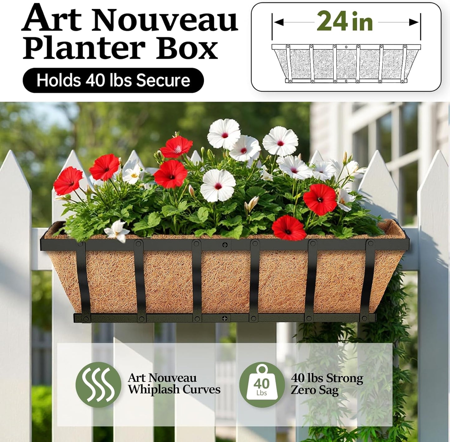 Railing Planter Boxes, Heavy Duty Window Box Planters, Adjustable Balcony Planters for Railing Hanging, with Coco Liner & Support Rod for Deck, Porch, and Patio Gardening (3 Pack, 24 Inch)