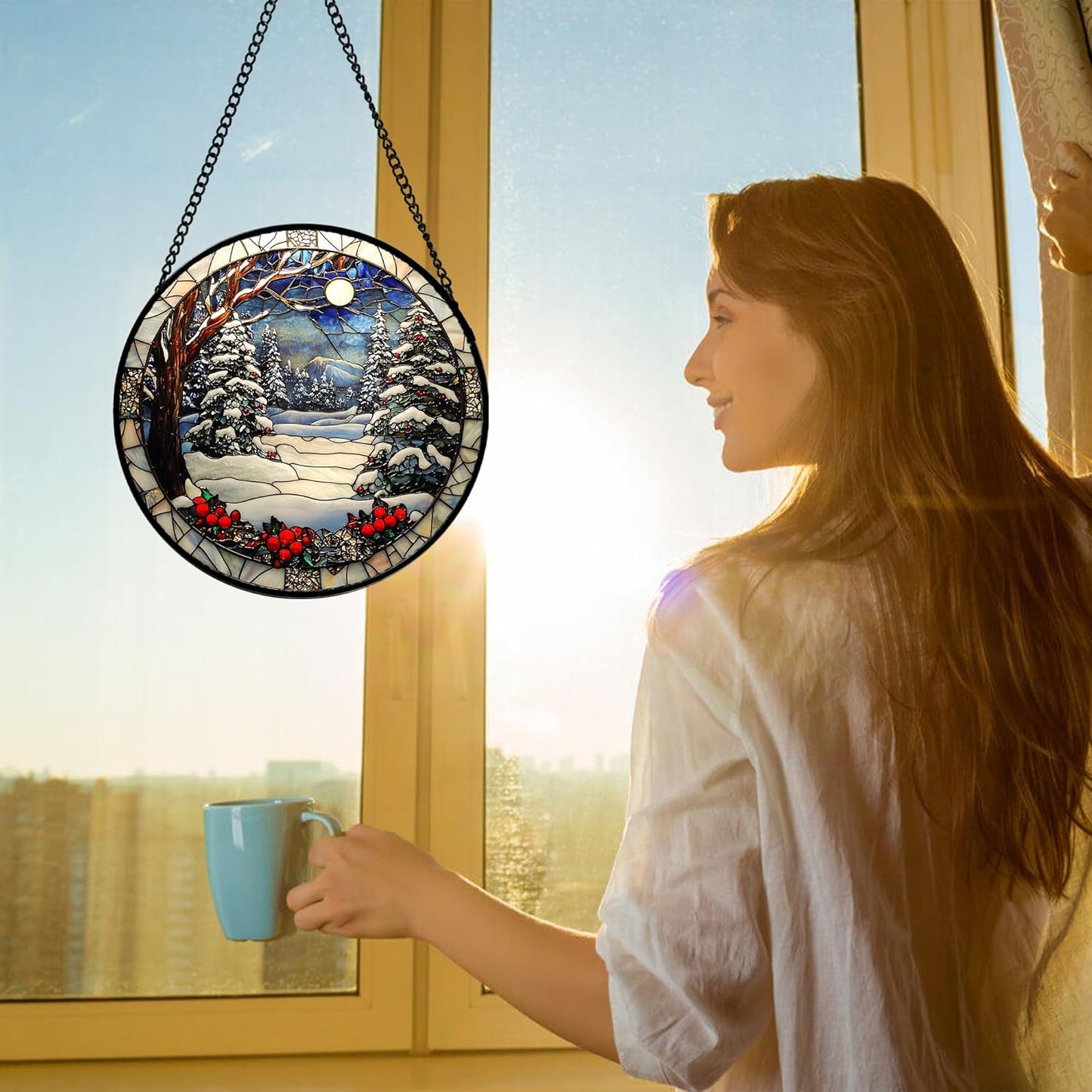 Stained Glass Window Hanging Christmas Tree Winter Snow Night Scenery 7.8" - Suncatcher Door Garden Kitchen Sun Catcher Home Decor Birthday for Mom Men Woman Friend