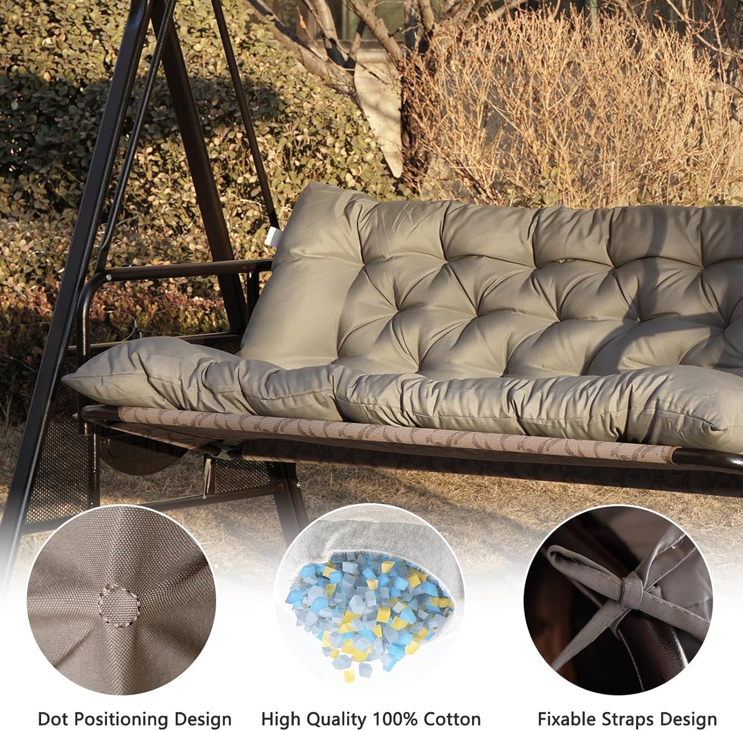 Outdoor Swing Cushions,Waterproof Swing Cushions 3 Seater Replacement with Backrest,Outdoor Thickened Bench Cushion with Ties for Porch,Patio,Backyard,Garden and Lawn (Khaki 60 * 40 in)