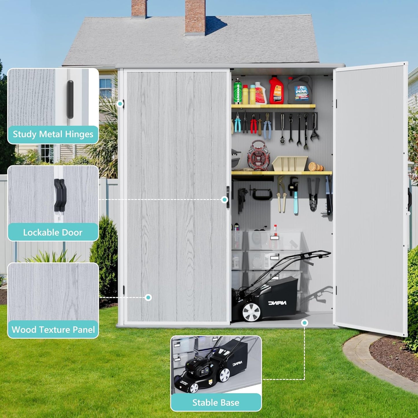 Greesum 5x3FT Plastic Outdoor Storage Shed with Floor, Resin Storaged Sheds with Lockable Door, Window & Vent, All-Weather Tool Sheds for Garden, Backyard, Pool Supplies, Light Gray (4.7×2.5FT)