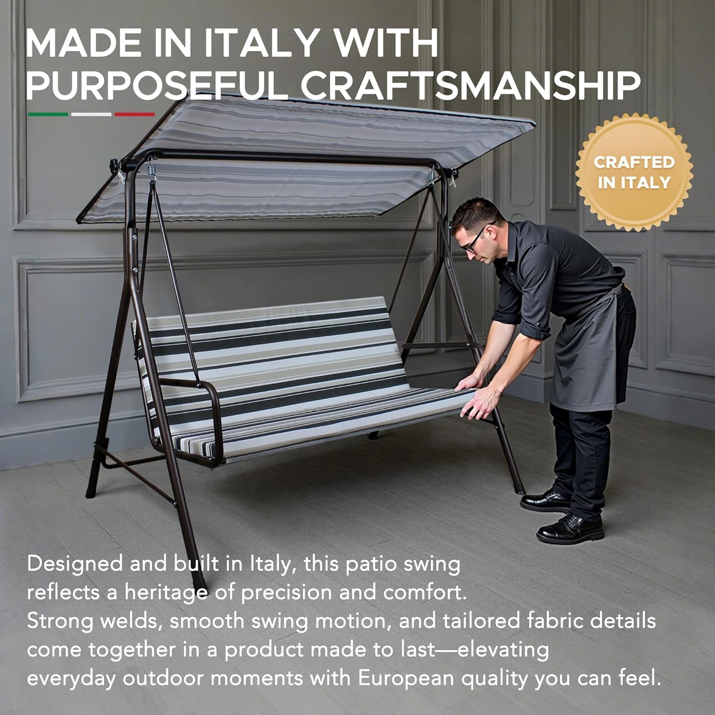 SUNJOY Outdoor Porch Swing, 2 Seat Patio Metal Porch Swing Seats with Adjustable Canopy and Removable Cushion for Garden, Poolside, Backyard, Bronze - Made in Italy