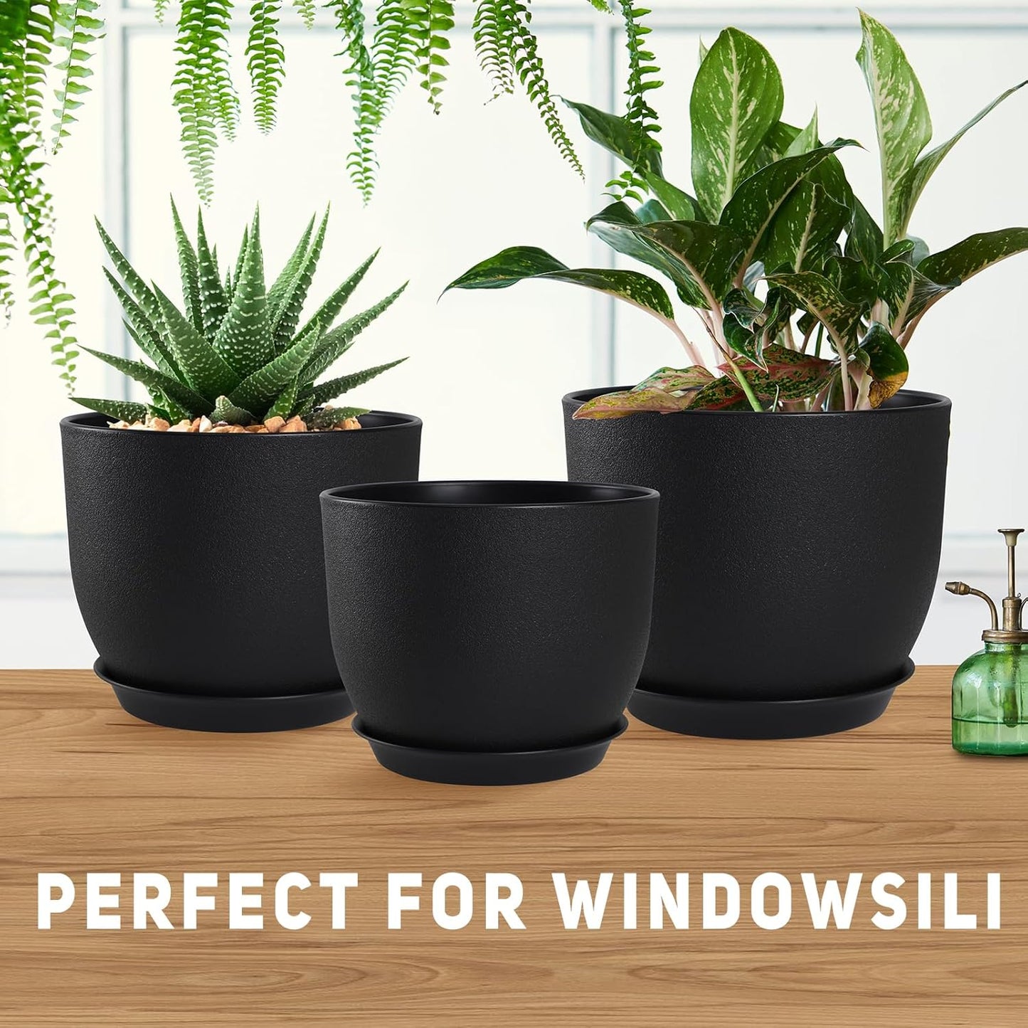 Plant Pots 10/9/8/7.5/7 inch Set of 5,Flower Pots with Multi Mesh Drainage Holes, Large Planters for Indoor Outdoor Garden Plants and Flowers. (Black)