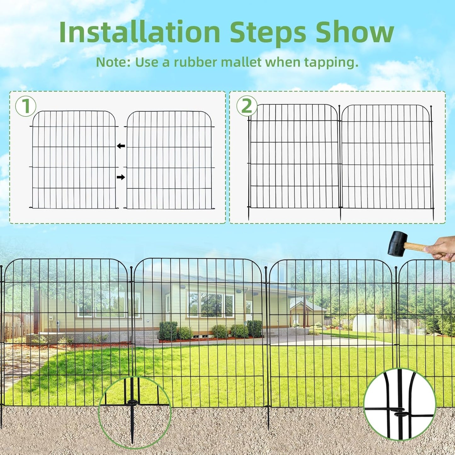 5 Panels No Dig Decorative Garden Fence with Gate, Total 11.8 ft(L) x 32 in(H) Animal Barrier Border for Dog, Rustproof Metal Wire Panel Border for Yard, Temporary Tall Fencing with Ground Stakes