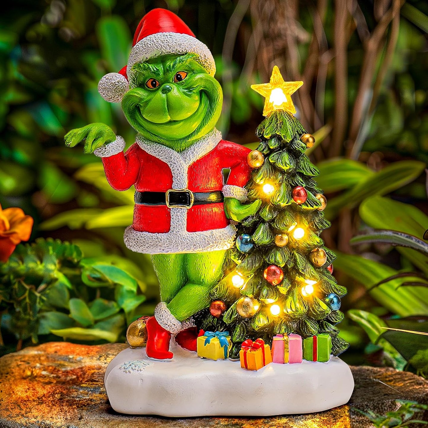 Solar Garden Outdoor Statues Green Monster with Christmas Tree and 6 LED Lights-Christmas Lawn Deco Statue for Patio, Balcony, Yard Ornament - Unique Christmas Housewarming Gifts