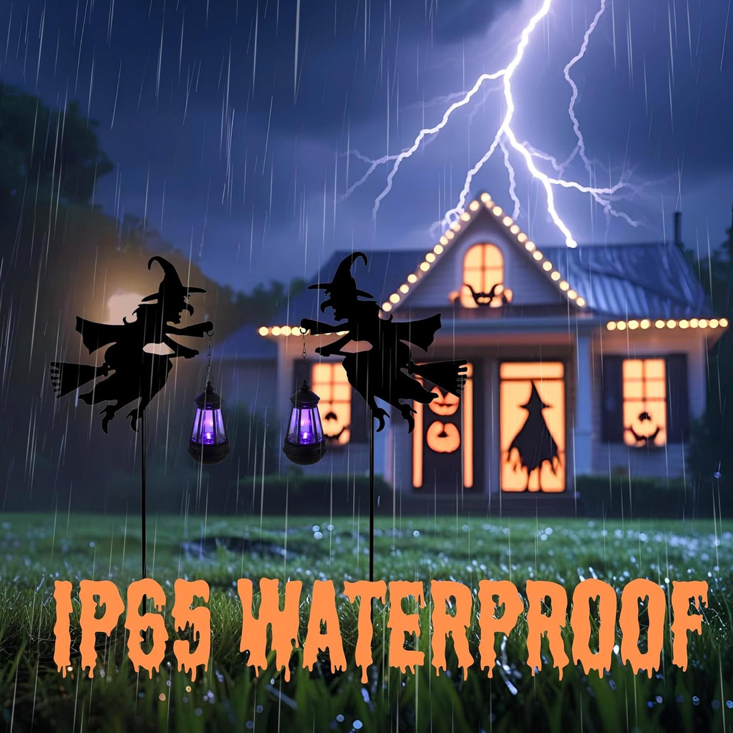 Halloween Witches Outdoor Solar Lanterns 2 Pack - Halloween Decorations Outdoor Witch Statue, Solar Garden Stakes, Metal Yard Decor, Whimsical Decor for Patio (Purple Light)