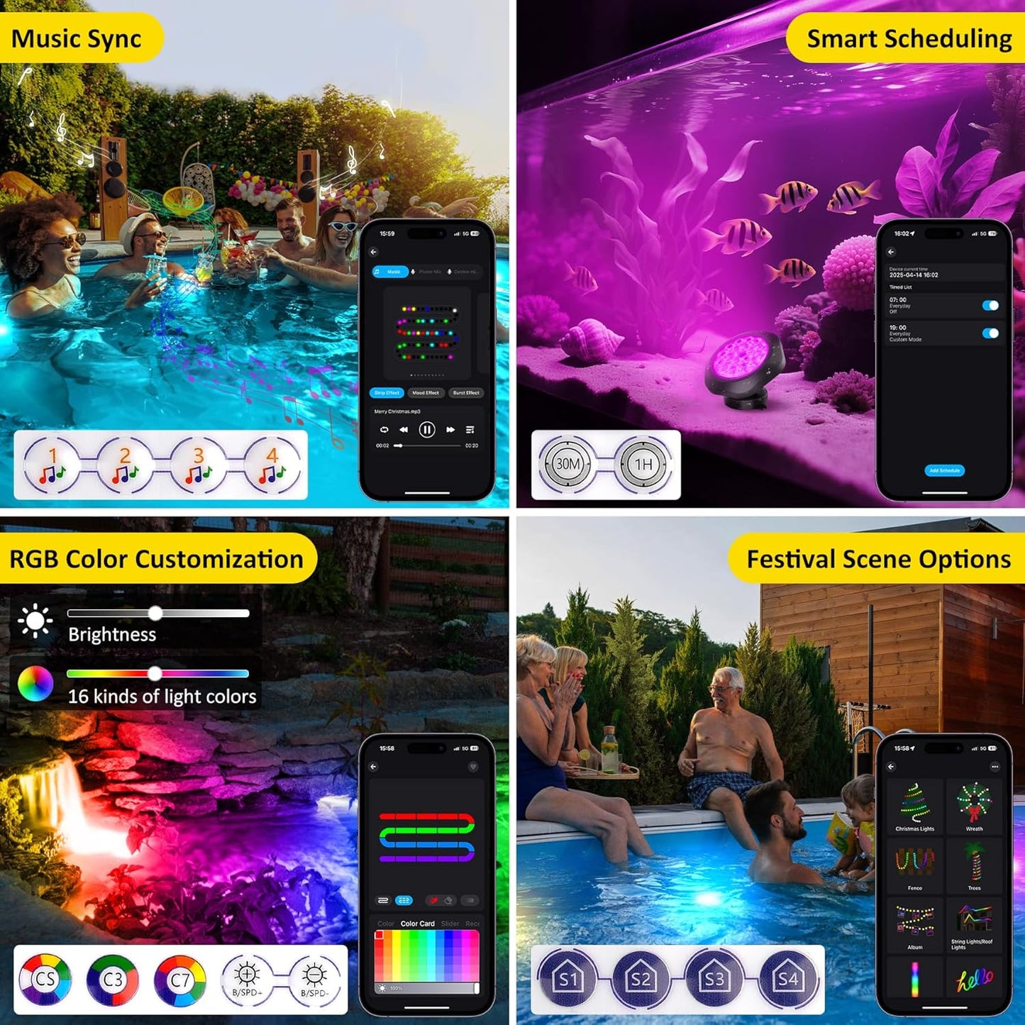 T-SUN Colored Pond Lights with APP and Remote Control – Bright LED Underwater Submersible Fountain Lights, IP68 Waterproof Landscape Spotlight for Garden Koi Pond Aquarium Fish Tank (Set of 6)