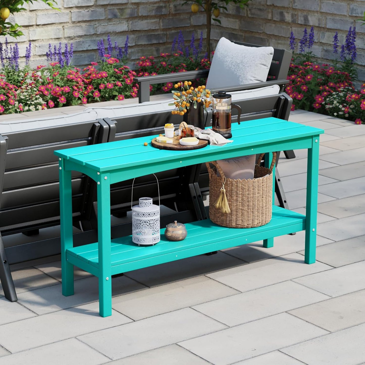 WestinTrends Malibu 55" Outdoor Patio HDPE Adirondack 2-Tier Shelf Console Table, Turquoise